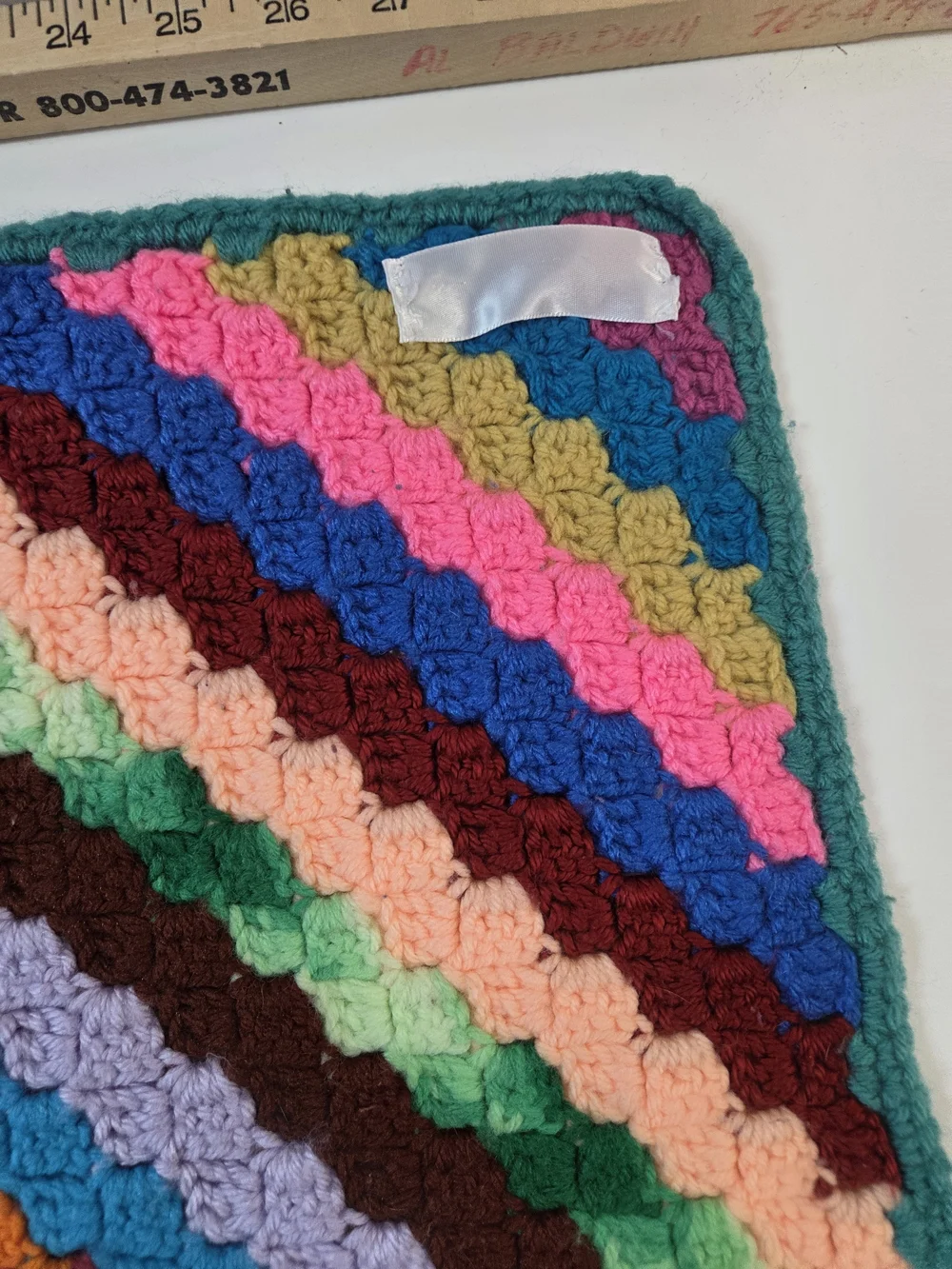 Handmade Multicolor Crochet Lap Blanket - Teal Trim